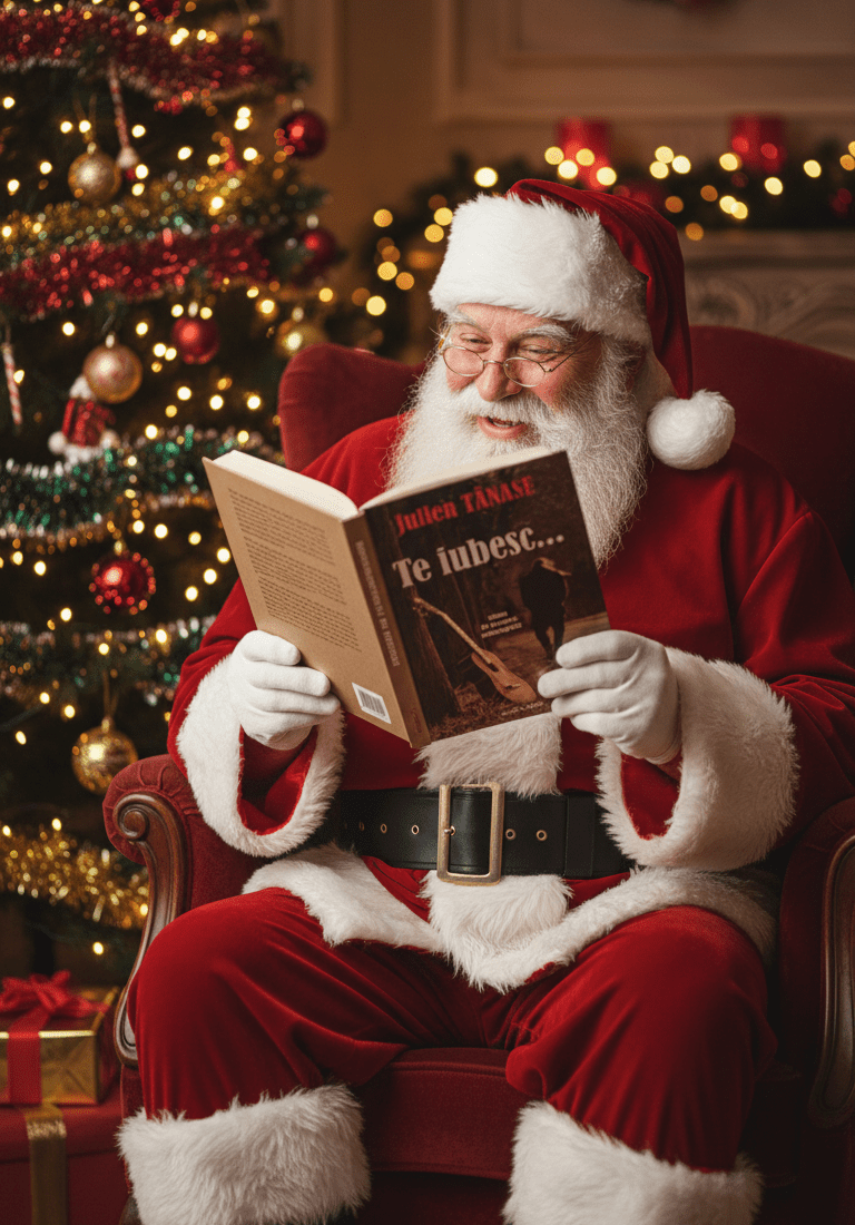 mo cr ciun cu barb alb i costum ro u st nd ntr un fotoliu confortabil l ng un brad de cr ciu